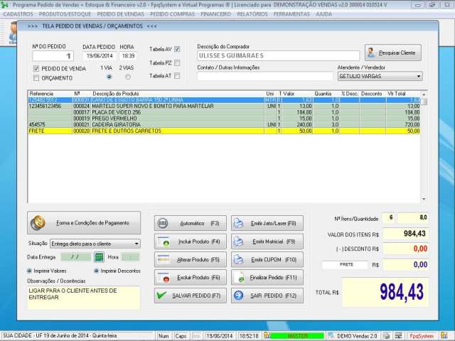 Programa Controle de Estoque, Pedido de Vendas e Financeiro v2.0